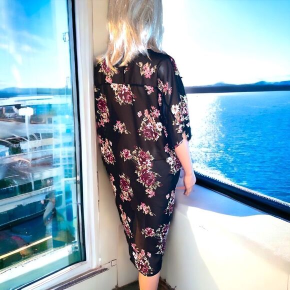 Open Kimono l Gorgeous Black w/ Purple Floral l Made in India l L lEUC - Picture 3 of 8